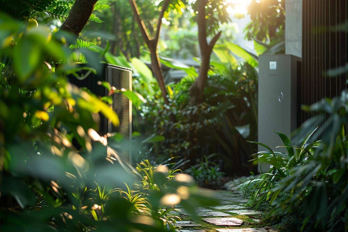 Pompe à chaleur installée dans un jardin verdoyant  
Système géothermique sous terre avec panneaux solaires