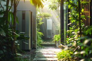 Pompe à chaleur installée dans un jardin verdoyant