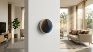 Thermostat rond noir sur mur blanc, intérieur contemporain